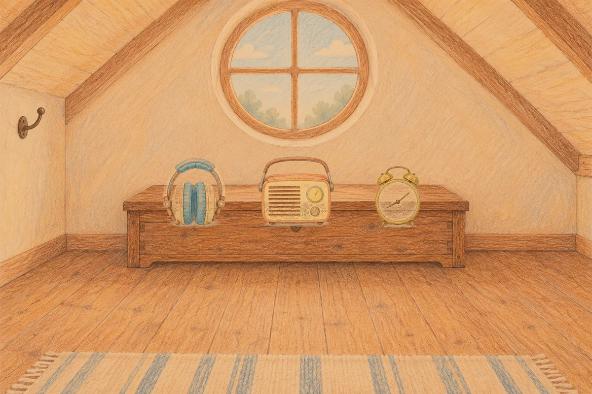 마천동 여성전용 발 케어 안내 그림, 저녁의 다락방 나무 궤짝 위에 놓인 헤드폰, 작은 라디오, 둥근 알람시계