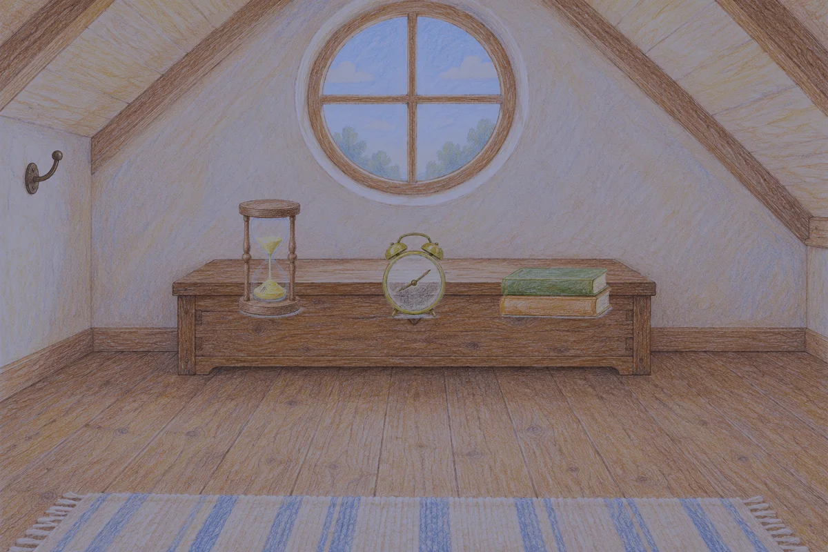 마천동 여성전용 발 부종 케어 안내 그림, 밤의 다락방 나무 궤짝 위에 놓인 모래시계, 둥근 알람시계, 책 두 권
