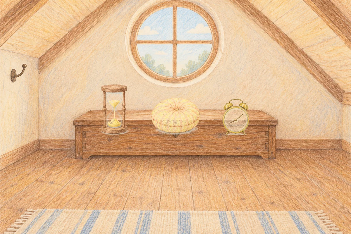 마천동 여성전용 발관리 후기 안내 그림, 낮의 다락방 나무 궤짝 위에 놓인 모래시계, 둥근 쿠션, 둥근 알람시계