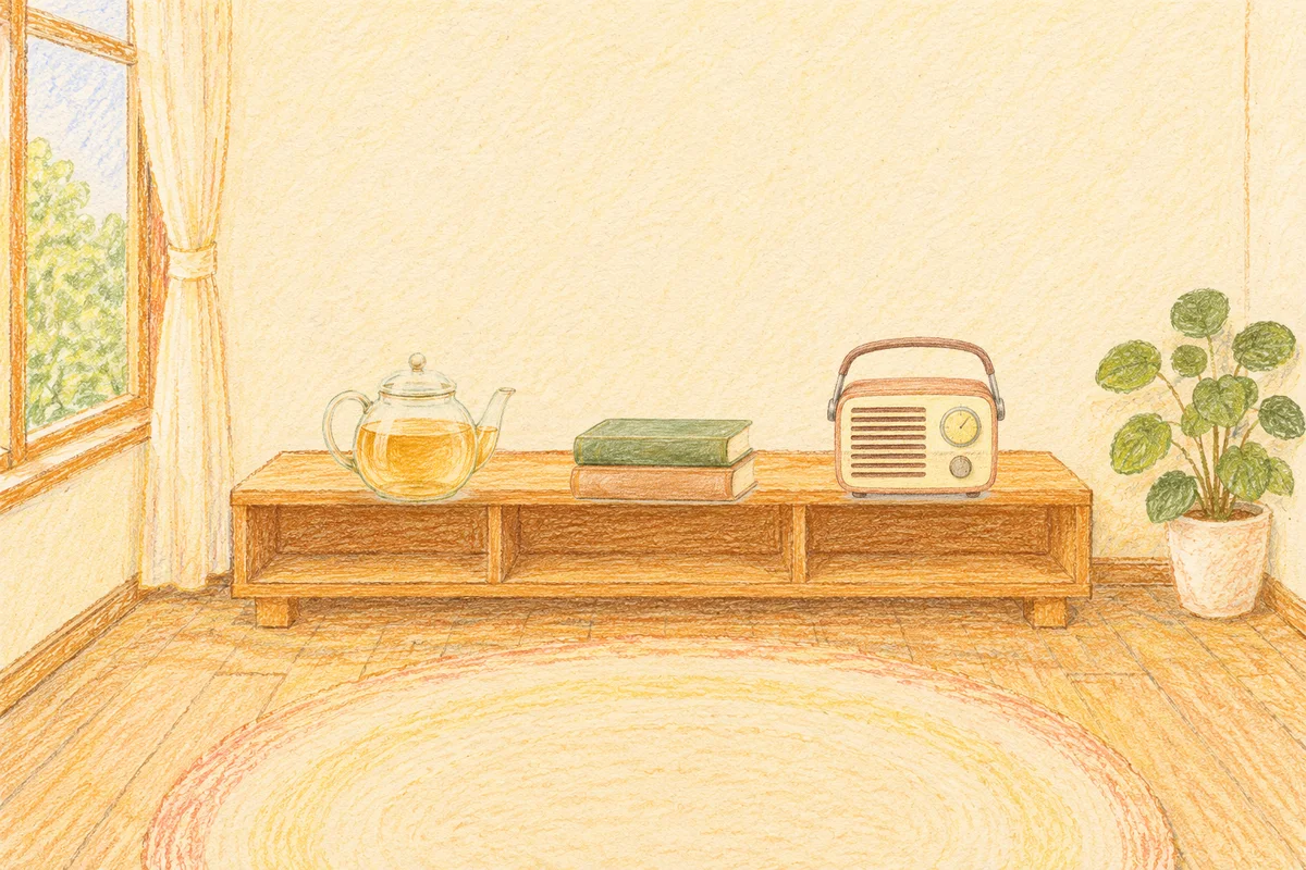 마천동 여성전용 부종 케어 안내 그림, 낮의 창가 낮은 선반 위에 놓인 유리 티포트, 책 두 권, 작은 라디오