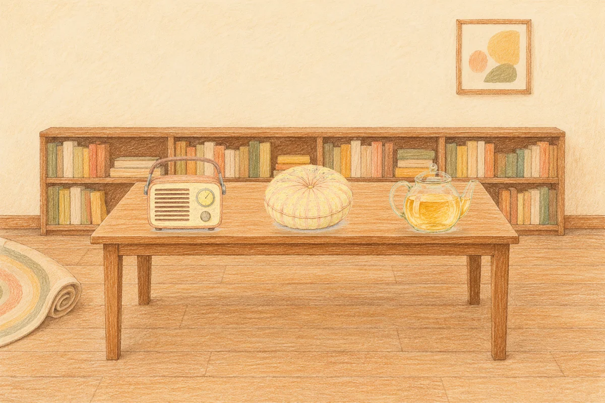 마천동 여성전용 바디 케어 안내 그림, 낮의 서재 긴 책상 위에 놓인 작은 라디오, 둥근 쿠션, 유리 티포트
