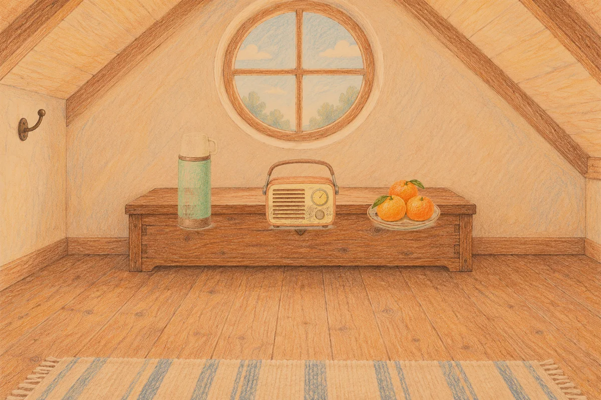 마천동 여성전용 디톡스 마사지 안내 그림, 저녁의 다락방 나무 궤짝 위에 놓인 보온병, 작은 라디오, 귤이 담긴 접시