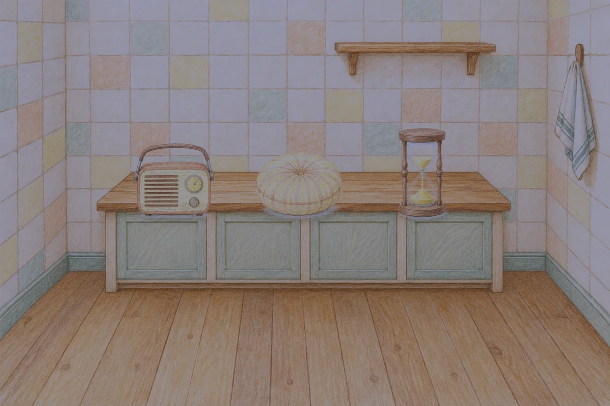 마천동 여성전용 다이어트 마사지 안내 그림, 밤의 부엌 나무 조리대 위에 놓인 작은 라디오, 둥근 쿠션, 모래시계
