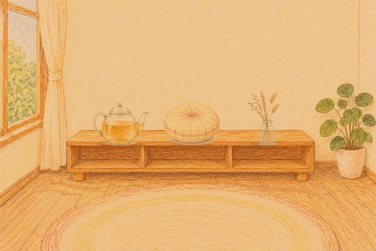 마천동 여성전용 등 마사지 안내 그림, 저녁의 창가 낮은 선반 위에 놓인 유리 티포트, 둥근 쿠션, 마른 풀을 꽂은 항아리