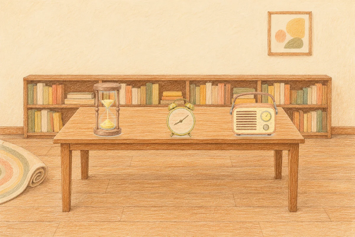 마천동 여성전용 두피 마사지 안내 그림, 낮의 서재 긴 책상 위에 놓인 모래시계, 둥근 알람시계, 작은 라디오