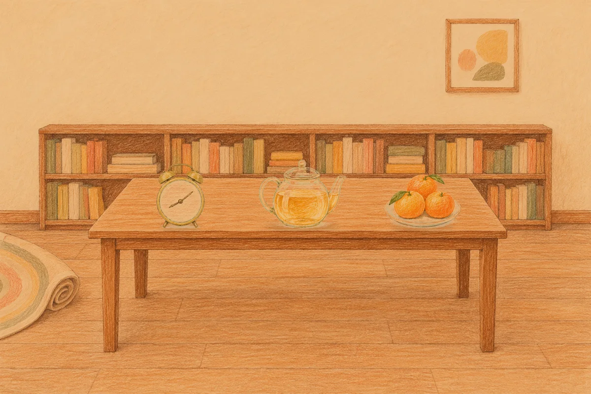 마천동 여성전용 수면 케어 안내 그림, 저녁의 서재 긴 책상 위에 놓인 둥근 알람시계, 유리 티포트, 귤이 담긴 접시