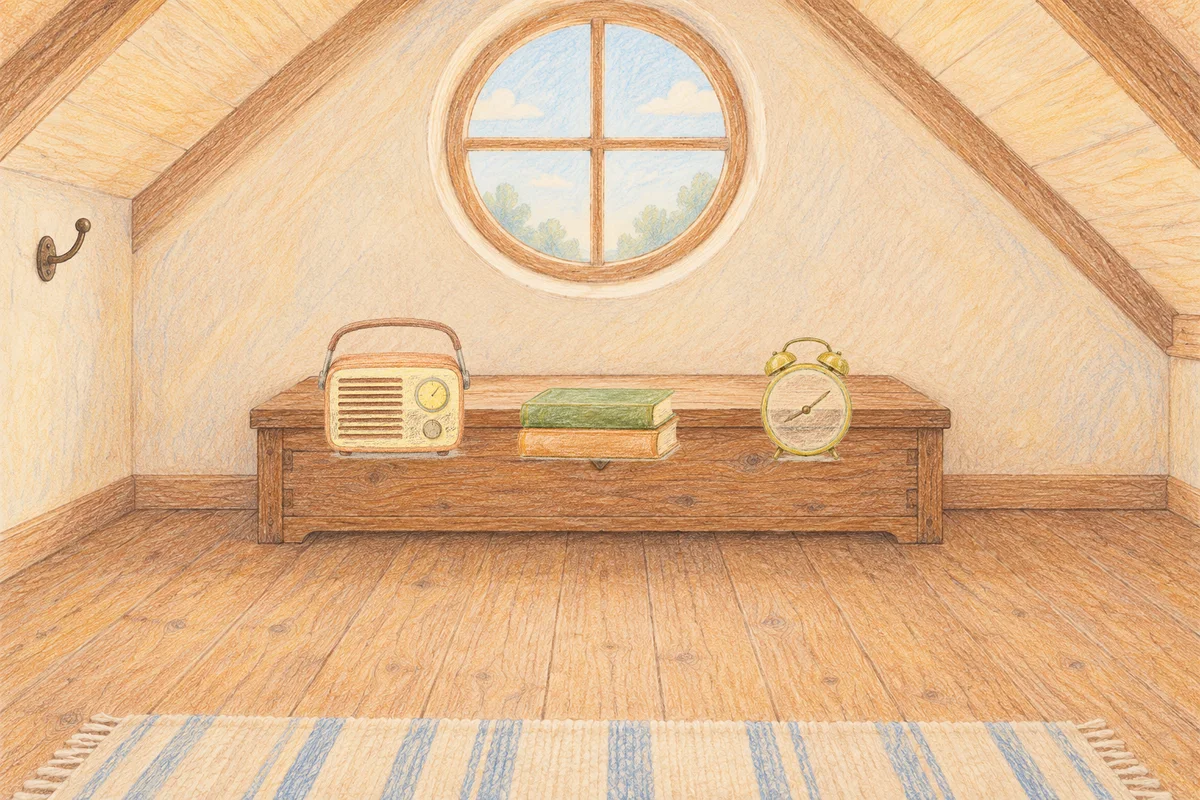 마천동 여성전용 스트레스 케어 안내 그림, 낮의 다락방 나무 궤짝 위에 놓인 작은 라디오, 책 두 권, 둥근 알람시계