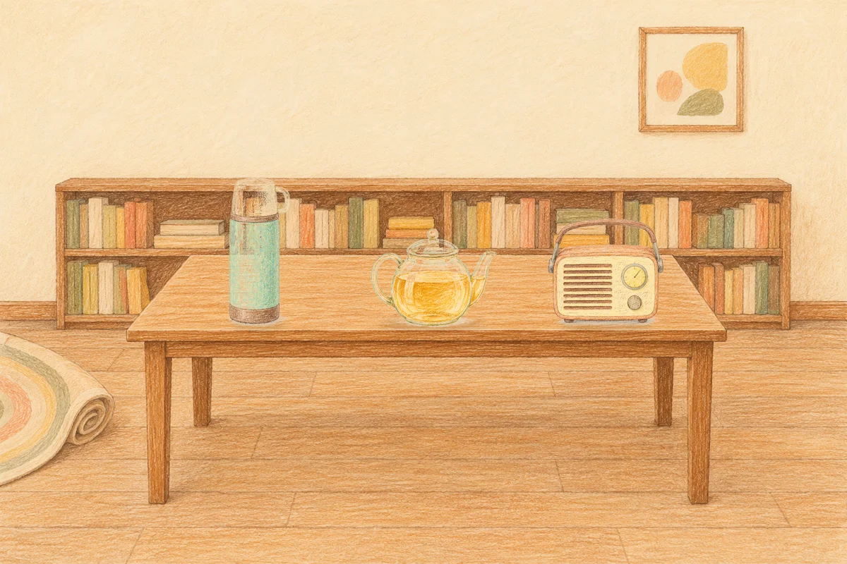 마천동 여성전용 피로 회복 마사지 안내 그림, 낮의 서재 긴 책상 위에 놓인 보온병, 유리 티포트, 작은 라디오