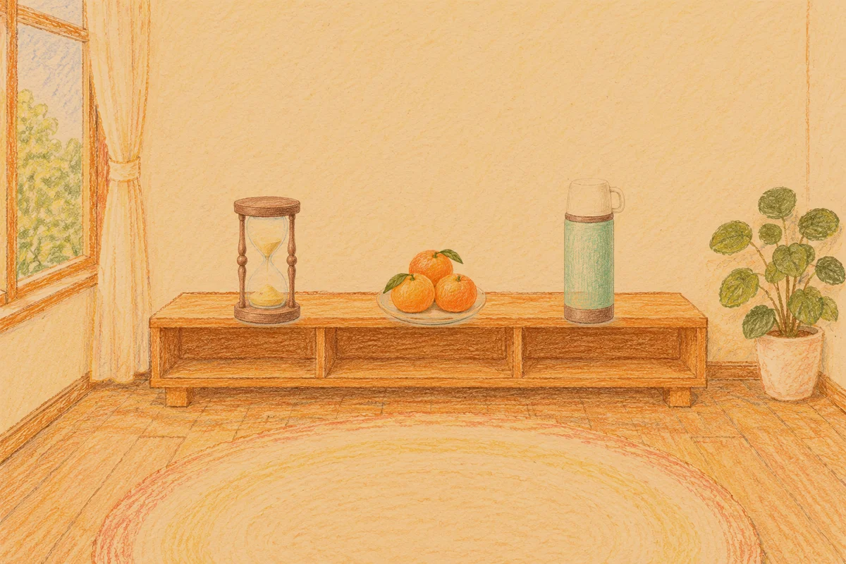 마천동 여성전용 안티에이징 케어 안내 그림, 저녁의 창가 낮은 선반 위에 놓인 모래시계, 귤이 담긴 접시, 보온병