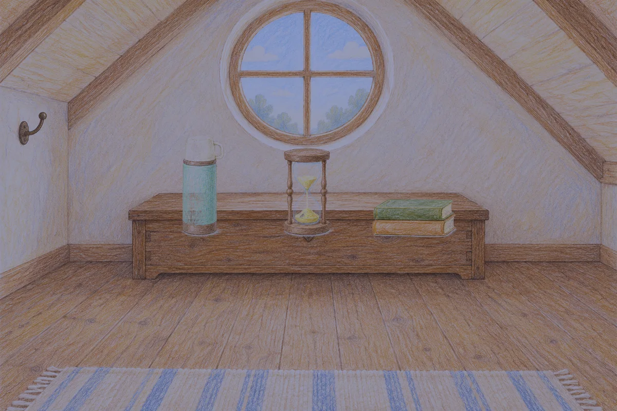 마천동 여성전용 예약 마사지 안내 그림, 밤의 다락방 나무 궤짝 위에 놓인 보온병, 모래시계, 책 두 권