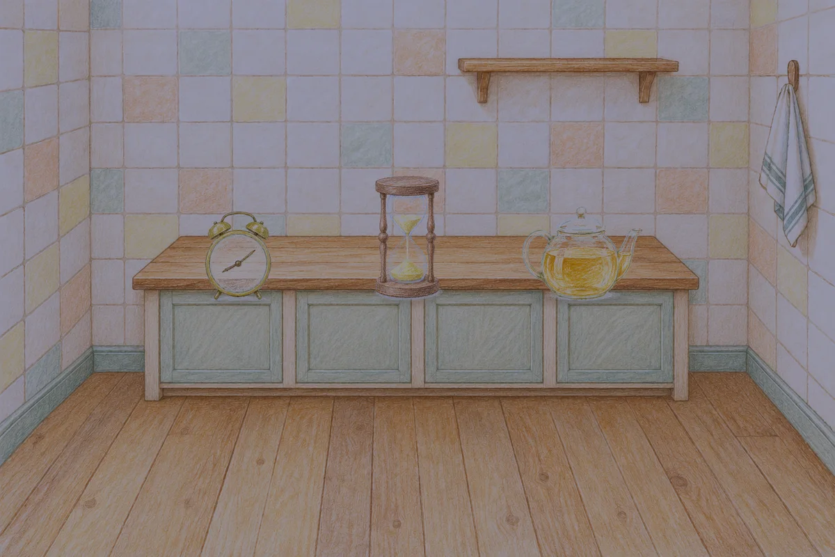 마천동 여성전용 가격 마사지 안내 그림, 밤의 부엌 나무 조리대 위에 놓인 둥근 알람시계, 모래시계, 유리 티포트