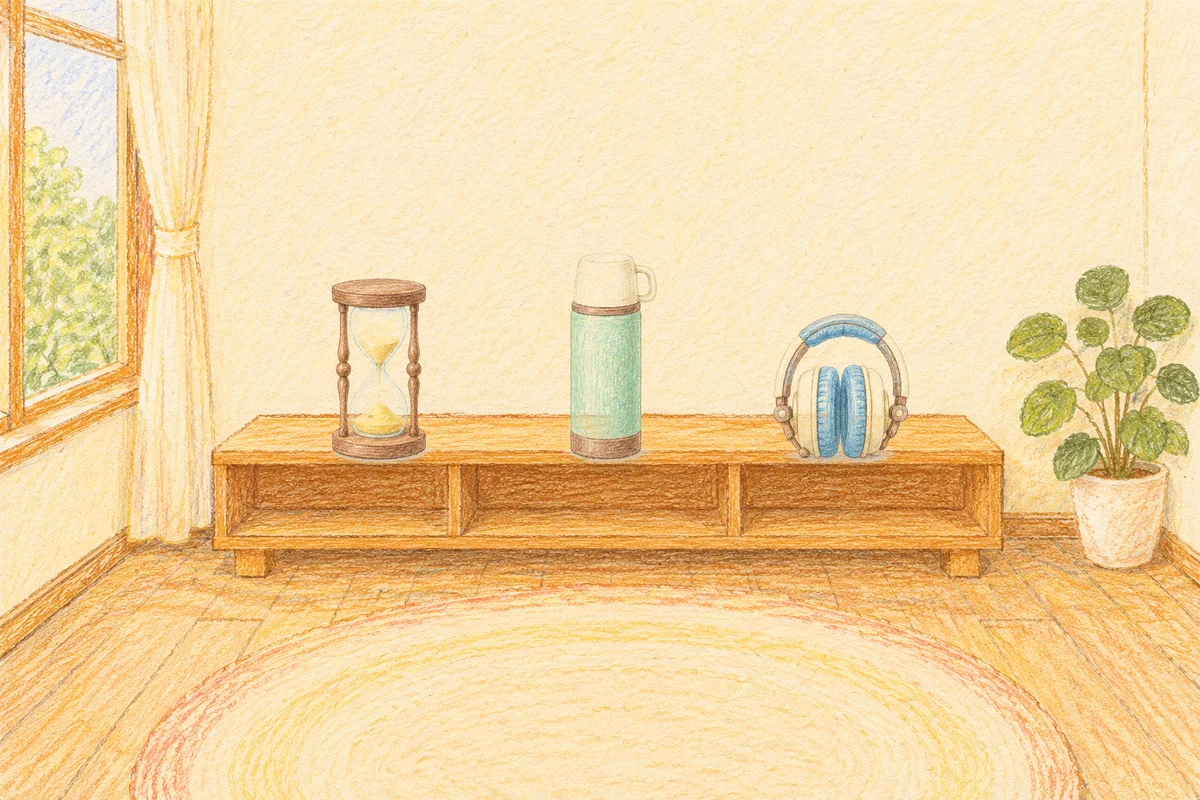 마천동 여성전용 추천 마사지 안내 그림, 낮의 창가 낮은 선반 위에 놓인 모래시계, 보온병, 헤드폰