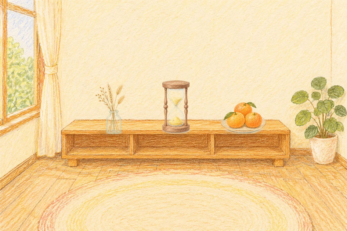 마천동 여성전용 출장 마사지 안내 그림, 낮의 창가 낮은 선반 위에 놓인 마른 풀을 꽂은 항아리, 모래시계, 귤이 담긴 접시