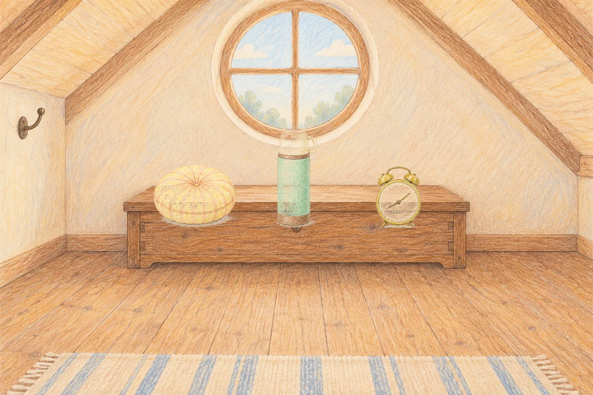 서초동 여성전용 아로마테라피 안내 그림, 낮의 다락방 나무 궤짝 위에 놓인 둥근 쿠션, 보온병, 둥근 알람시계