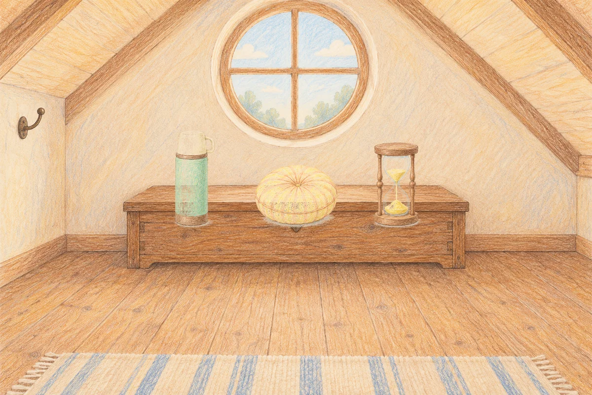 서초동 여성전용 프리미엄 스웨디시 안내 그림, 낮의 다락방 나무 궤짝 위에 놓인 보온병, 둥근 쿠션, 모래시계