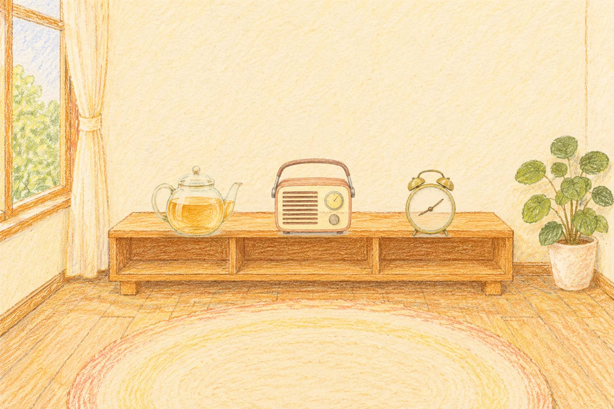 서초동 여성전용 아로마 추천 안내 그림, 낮의 창가 낮은 선반 위에 놓인 유리 티포트, 작은 라디오, 둥근 알람시계