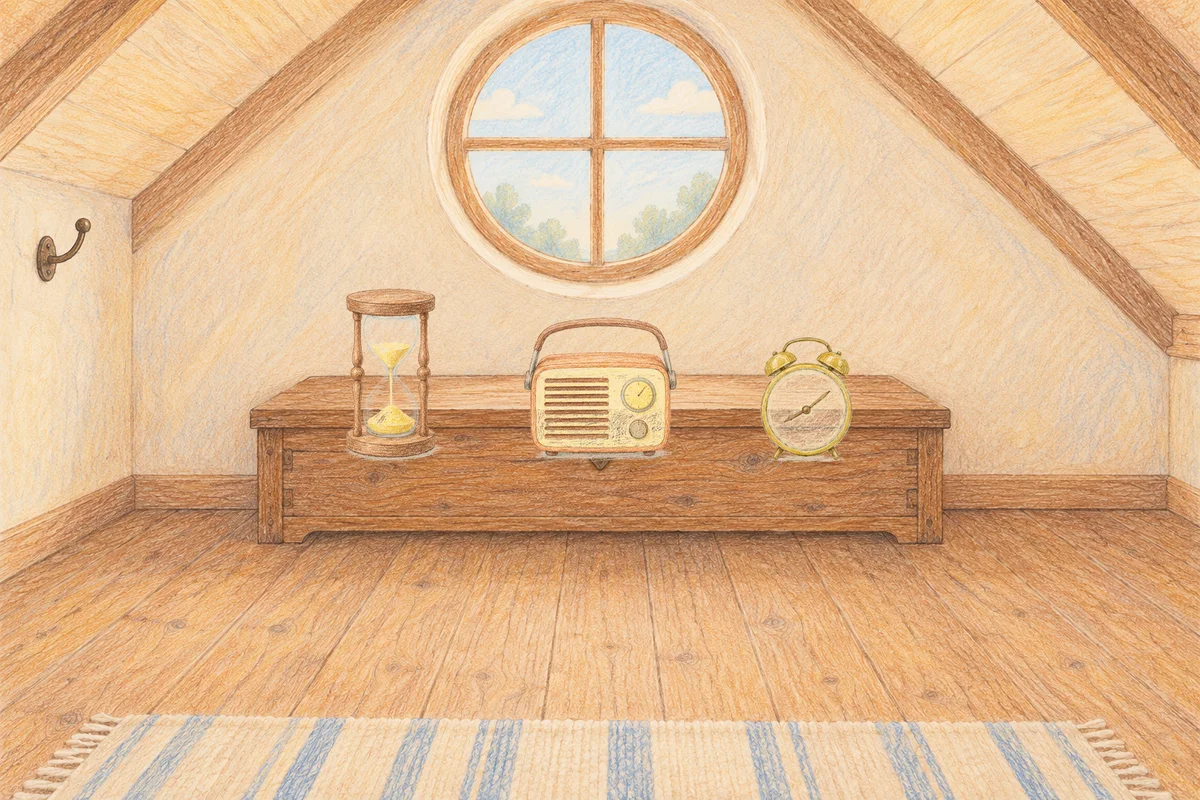 서초동 여성전용 경락 마사지 안내 그림, 낮의 다락방 나무 궤짝 위에 놓인 모래시계, 작은 라디오, 둥근 알람시계