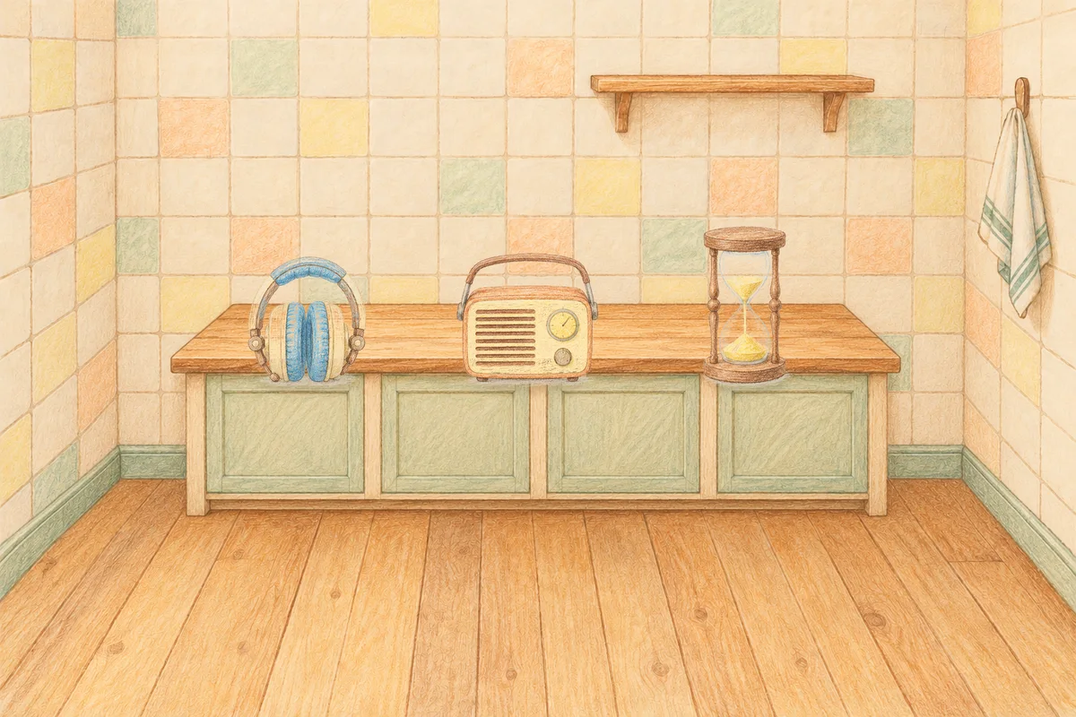 서초동 여성전용 얼굴 경락 안내 그림, 낮의 부엌 나무 조리대 위에 놓인 헤드폰, 작은 라디오, 모래시계