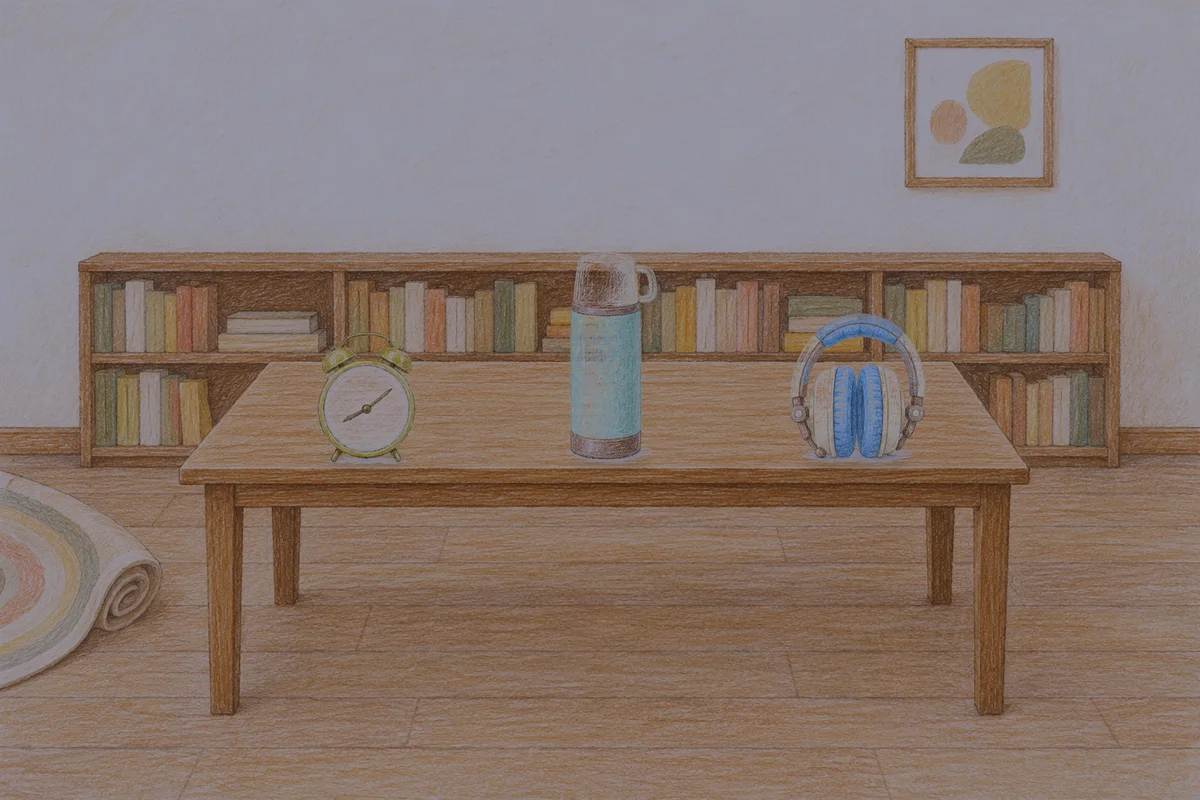서초동 여성전용 바디 경락 안내 그림, 밤의 서재 긴 책상 위에 놓인 둥근 알람시계, 보온병, 헤드폰