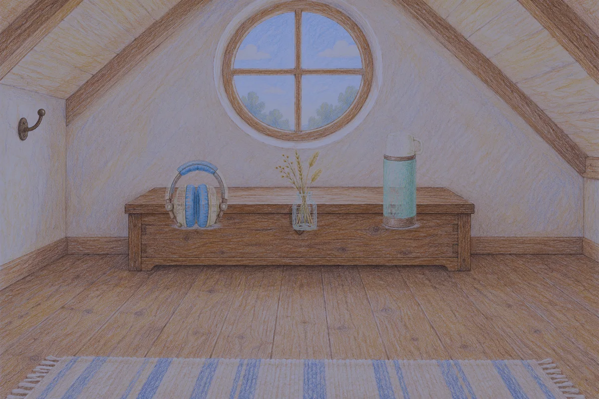 서초동 여성전용 경락마사지 후기 안내 그림, 밤의 다락방 나무 궤짝 위에 놓인 헤드폰, 마른 풀을 꽂은 항아리, 보온병