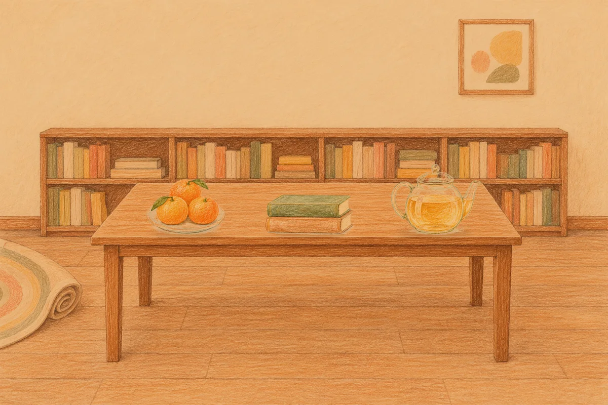 서초동 여성전용 경락 가격 안내 그림, 저녁의 서재 긴 책상 위에 놓인 귤이 담긴 접시, 책 두 권, 유리 티포트