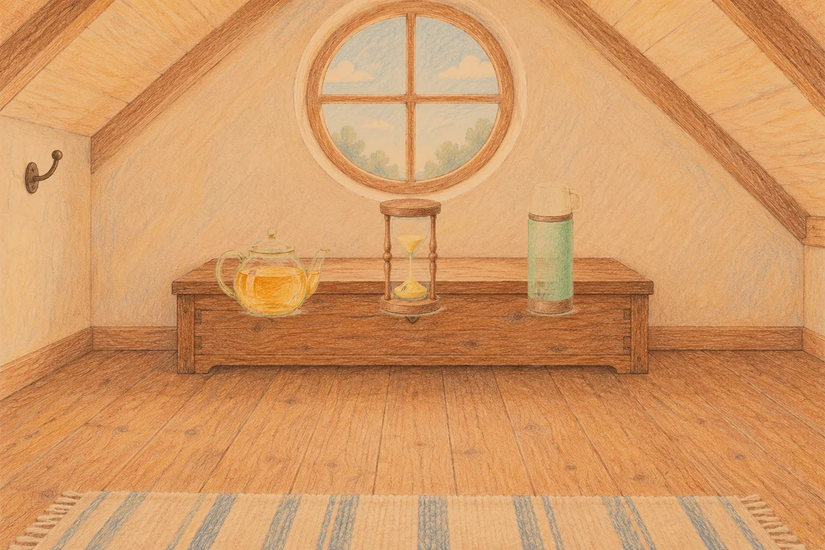 서초동 여성전용 홈케어 서비스 안내 그림, 저녁의 다락방 나무 궤짝 위에 놓인 유리 티포트, 모래시계, 보온병
