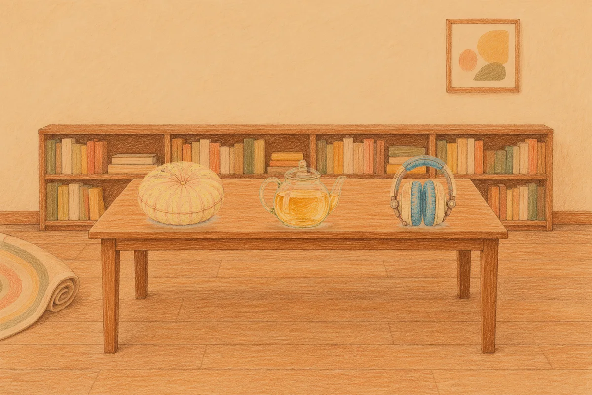서초동 여성전용 1인샵 안내 그림, 저녁의 서재 긴 책상 위에 놓인 둥근 쿠션, 유리 티포트, 헤드폰