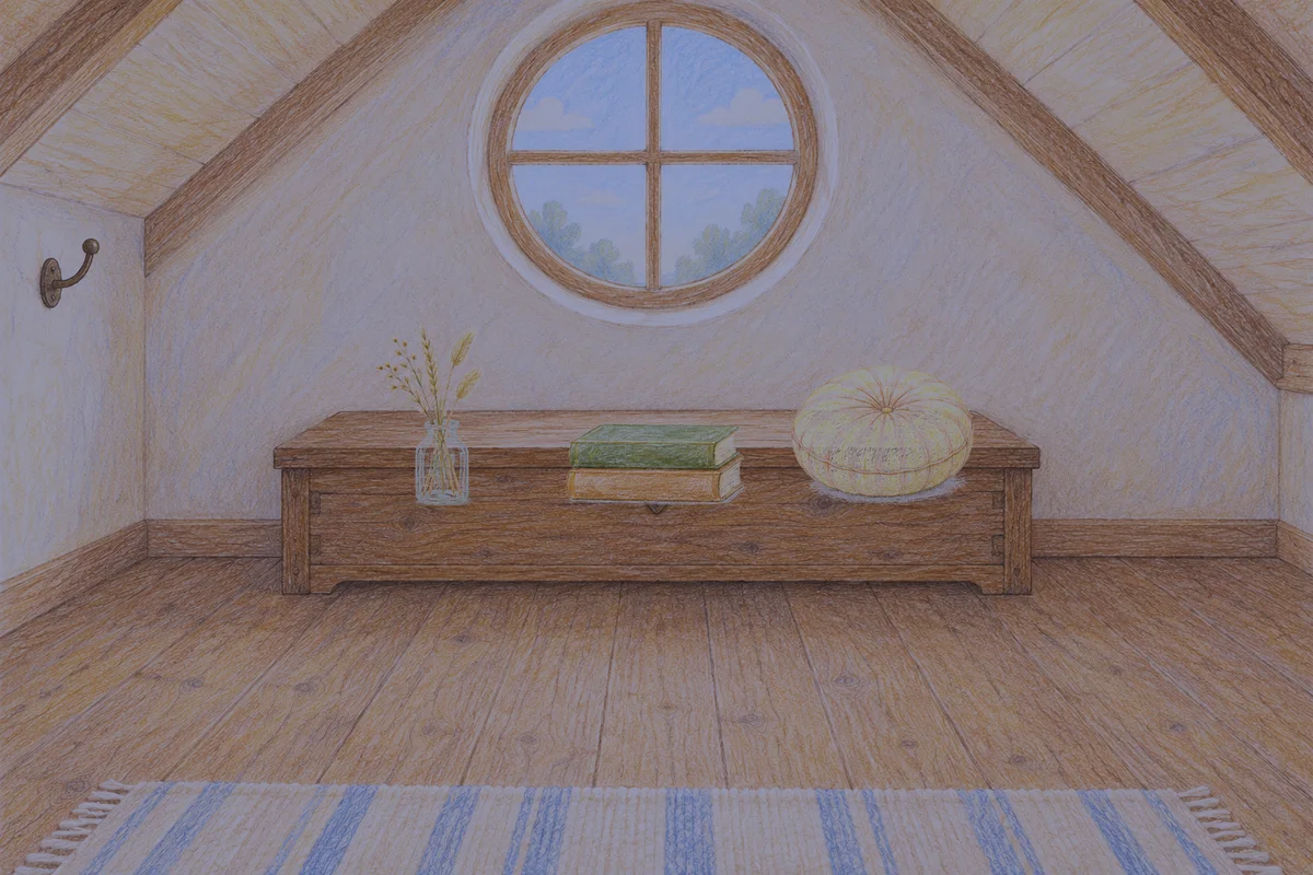 서초동 여성전용 프라이빗 케어 안내 그림, 밤의 다락방 나무 궤짝 위에 놓인 마른 풀을 꽂은 항아리, 책 두 권, 둥근 쿠션