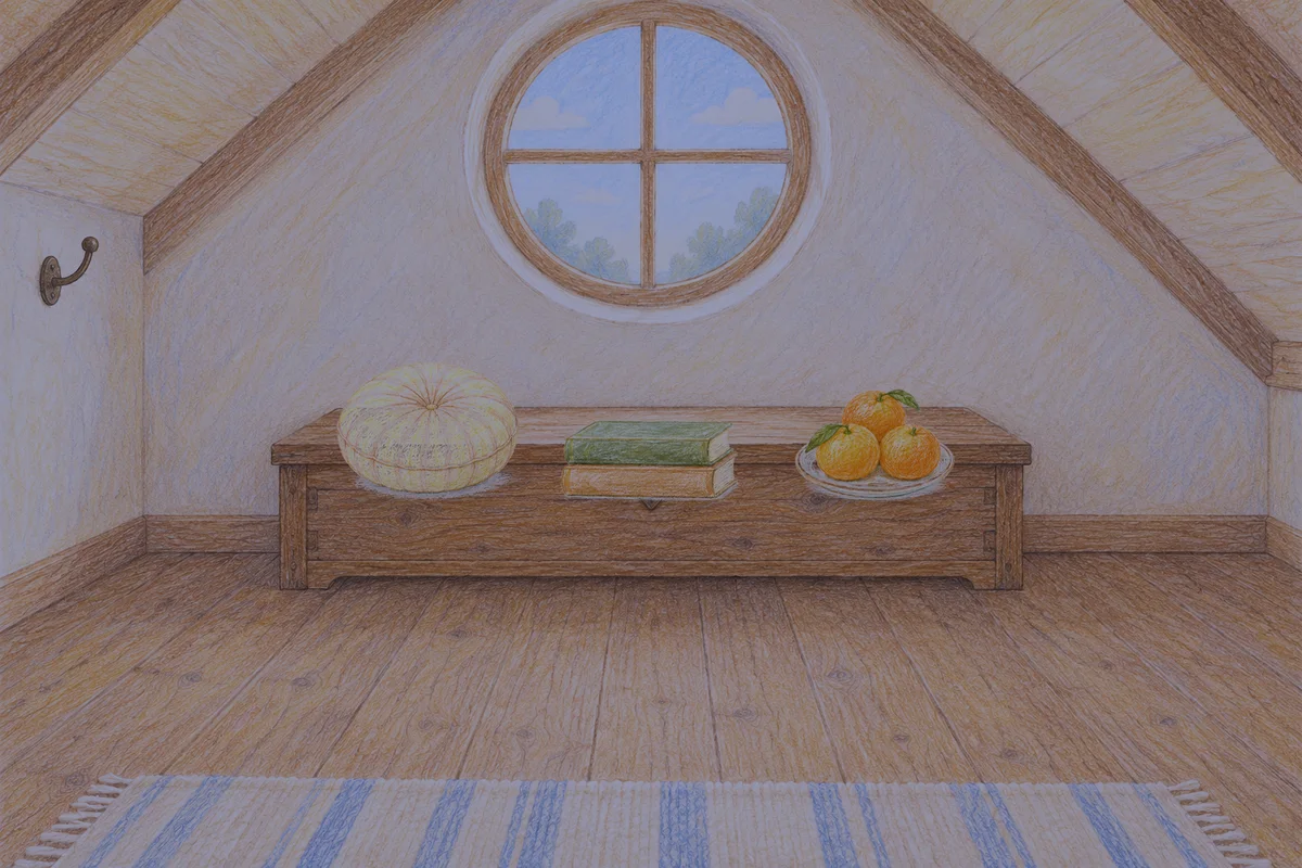 서초동 여성전용 발관리 안내 그림, 밤의 다락방 나무 궤짝 위에 놓인 둥근 쿠션, 책 두 권, 귤이 담긴 접시