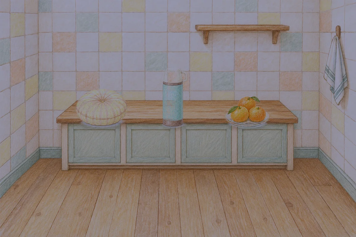 서초동 여성전용 발 케어 안내 그림, 밤의 부엌 나무 조리대 위에 놓인 둥근 쿠션, 보온병, 귤이 담긴 접시