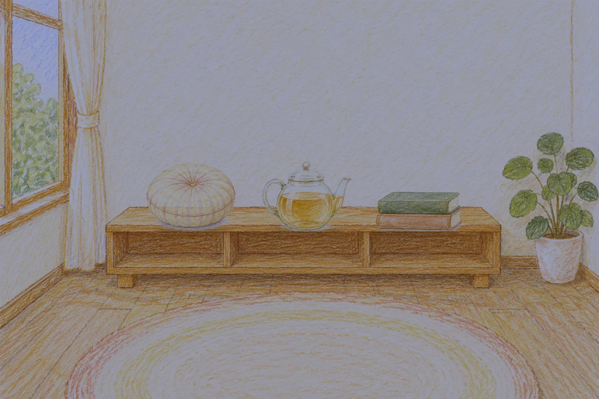 서초동 여성전용 발관리 추천 안내 그림, 밤의 창가 낮은 선반 위에 놓인 둥근 쿠션, 유리 티포트, 책 두 권