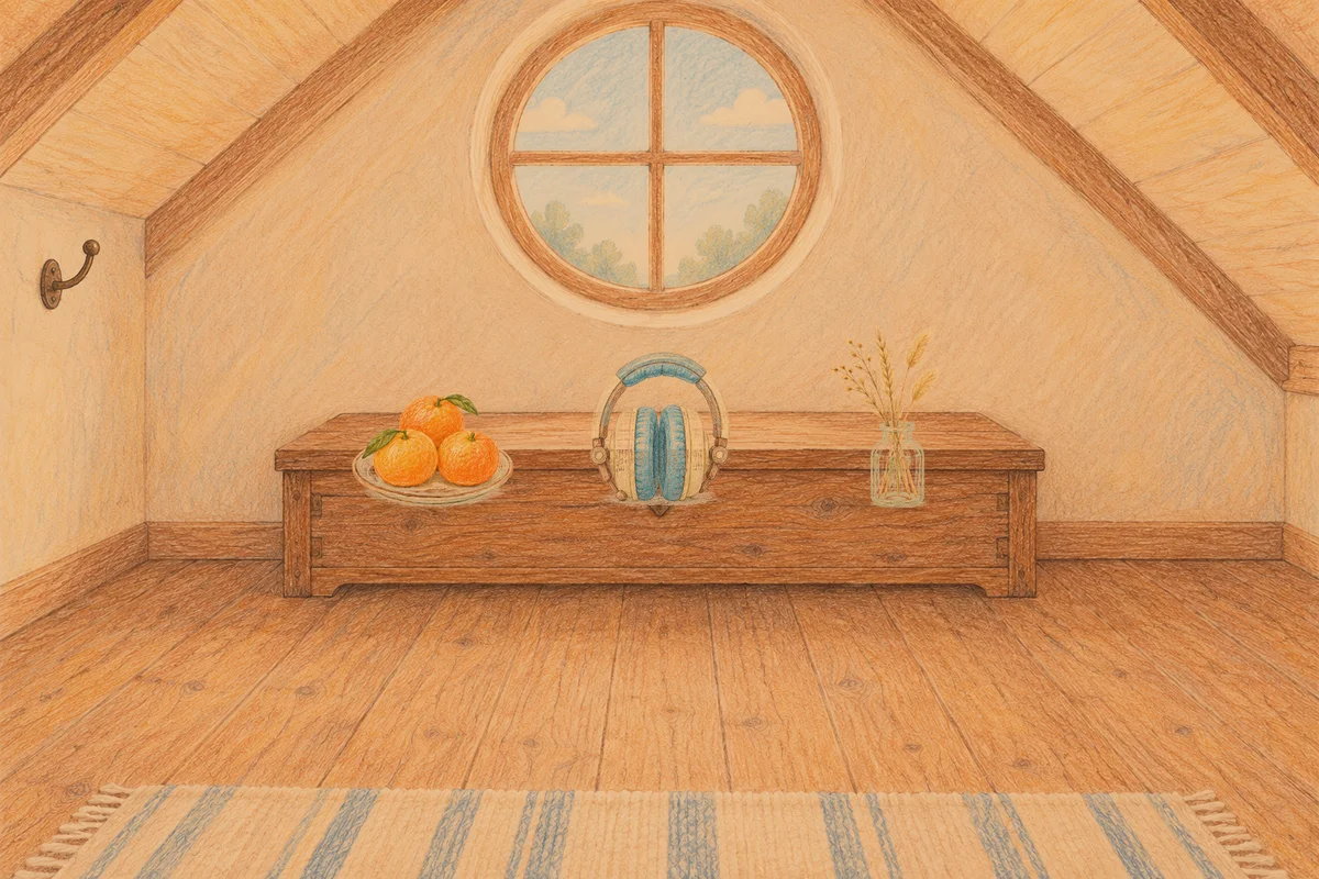 서초동 여성전용 림프 마사지 안내 그림, 저녁의 다락방 나무 궤짝 위에 놓인 귤이 담긴 접시, 헤드폰, 마른 풀을 꽂은 항아리