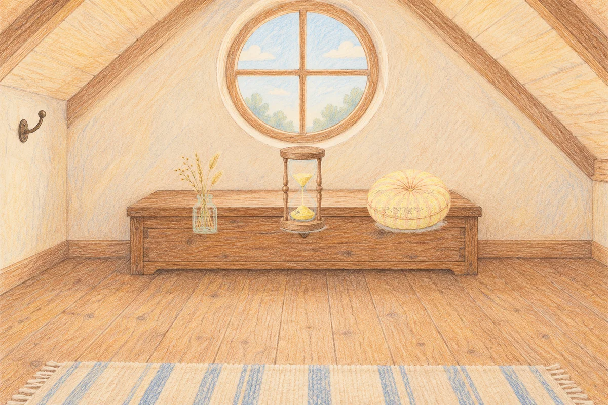 서초동 여성전용 바디 케어 안내 그림, 낮의 다락방 나무 궤짝 위에 놓인 마른 풀을 꽂은 항아리, 모래시계, 둥근 쿠션