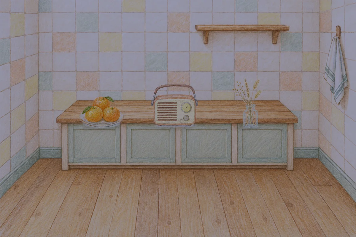 서초동 여성전용 슬리밍 마사지 안내 그림, 밤의 부엌 나무 조리대 위에 놓인 귤이 담긴 접시, 작은 라디오, 마른 풀을 꽂은 항아리