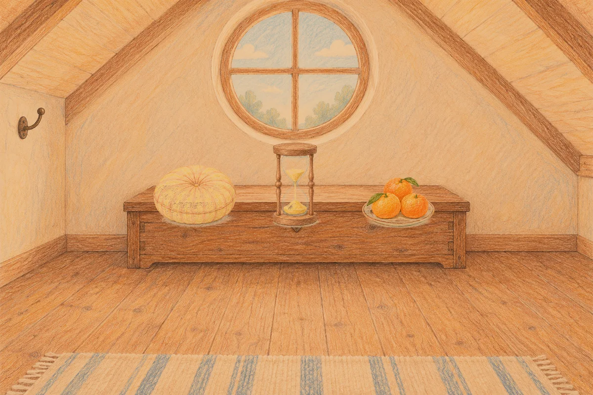 서초동 여성전용 복부 마사지 안내 그림, 저녁의 다락방 나무 궤짝 위에 놓인 둥근 쿠션, 모래시계, 귤이 담긴 접시