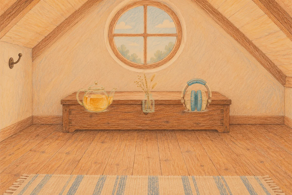 서초동 여성전용 두피 케어 안내 그림, 저녁의 다락방 나무 궤짝 위에 놓인 유리 티포트, 마른 풀을 꽂은 항아리, 헤드폰