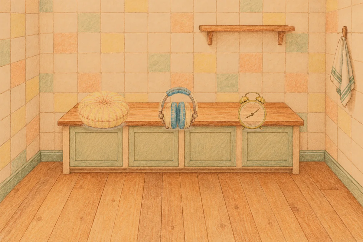 서초동 여성전용 스트레스 케어 안내 그림, 저녁의 부엌 나무 조리대 위에 놓인 둥근 쿠션, 헤드폰, 둥근 알람시계
