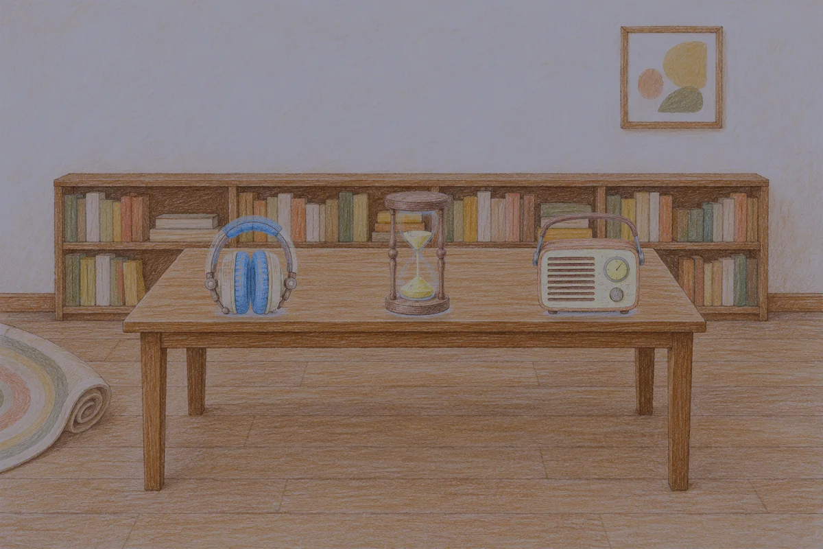 서초동 여성전용 페이셜 마사지 안내 그림, 밤의 서재 긴 책상 위에 놓인 헤드폰, 모래시계, 작은 라디오