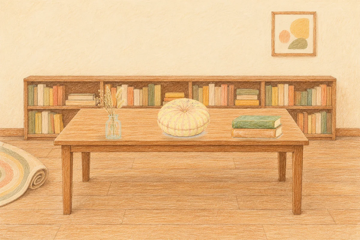 서초동 여성전용 브라이덜 케어 안내 그림, 낮의 서재 긴 책상 위에 놓인 마른 풀을 꽂은 항아리, 둥근 쿠션, 책 두 권
