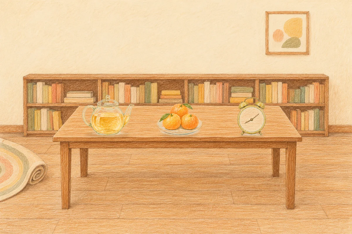 서초동 여성전용 샵 마사지 안내 그림, 낮의 서재 긴 책상 위에 놓인 유리 티포트, 귤이 담긴 접시, 둥근 알람시계