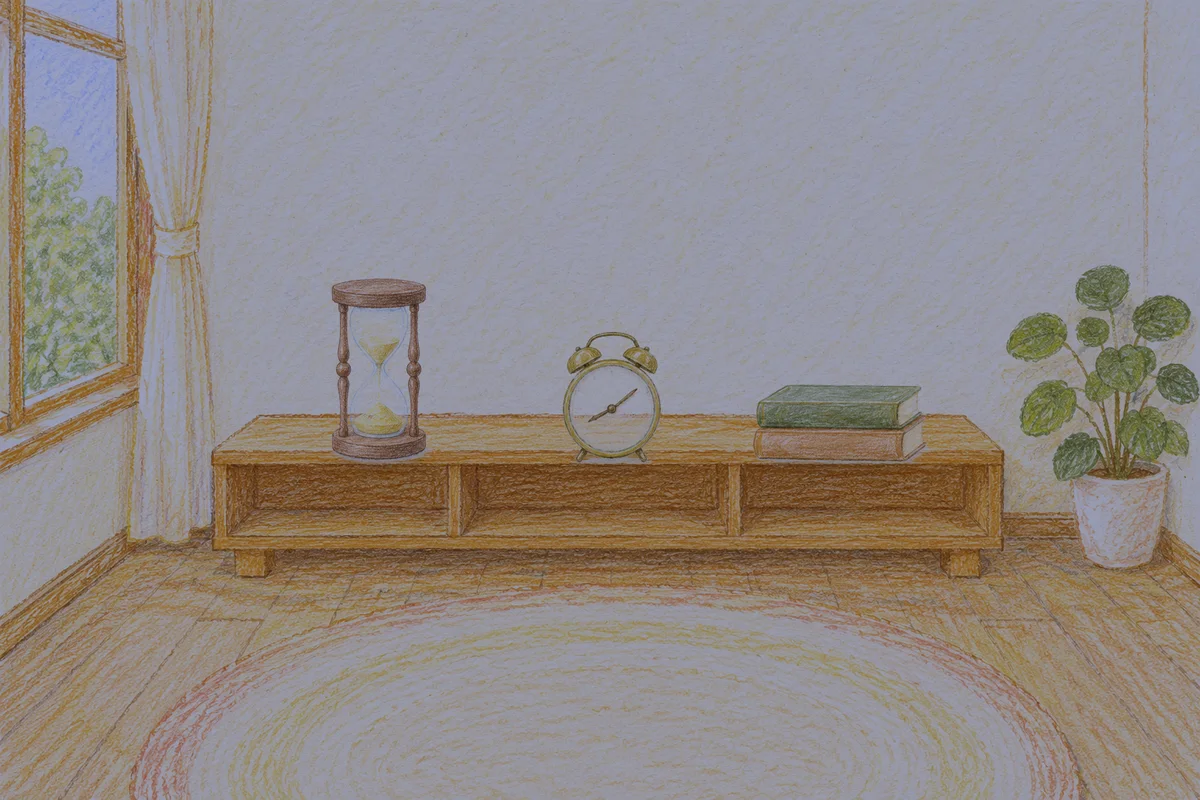 서초동 여성전용 예약 마사지 안내 그림, 밤의 창가 낮은 선반 위에 놓인 모래시계, 둥근 알람시계, 책 두 권