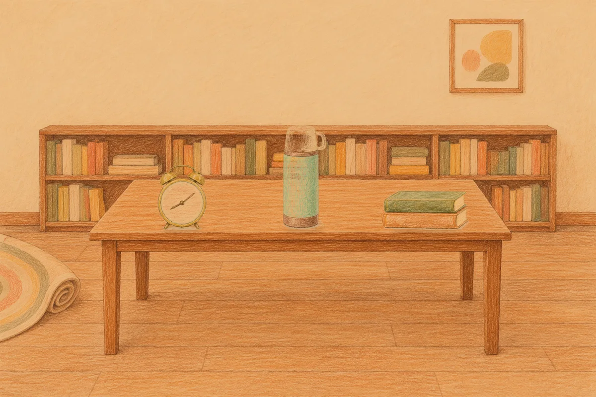 서초동 여성전용 추천 마사지 안내 그림, 저녁의 서재 긴 책상 위에 놓인 둥근 알람시계, 보온병, 책 두 권