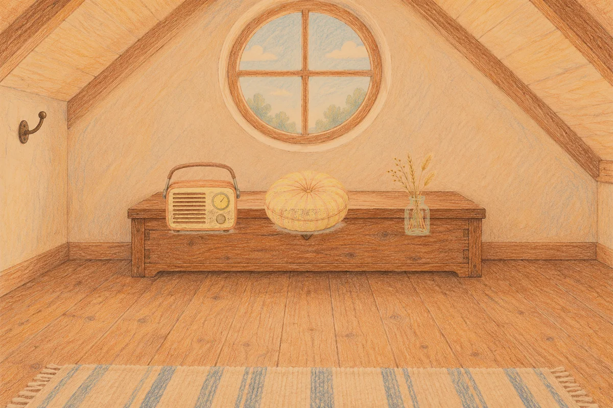 서초동 여성전용 출장 마사지 안내 그림, 저녁의 다락방 나무 궤짝 위에 놓인 작은 라디오, 둥근 쿠션, 마른 풀을 꽂은 항아리