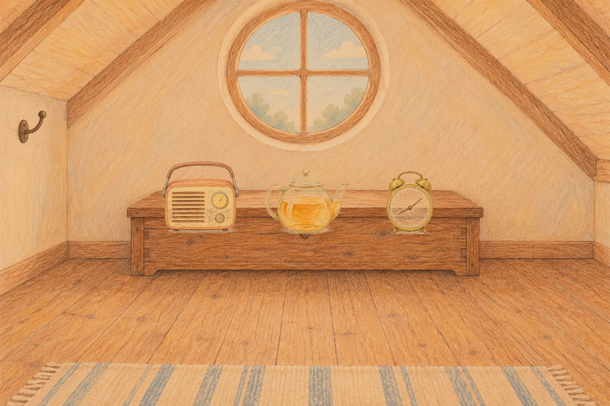 잠원동 여성전용 아로마 마사지 안내 그림, 저녁의 다락방 나무 궤짝 위에 놓인 작은 라디오, 유리 티포트, 둥근 알람시계