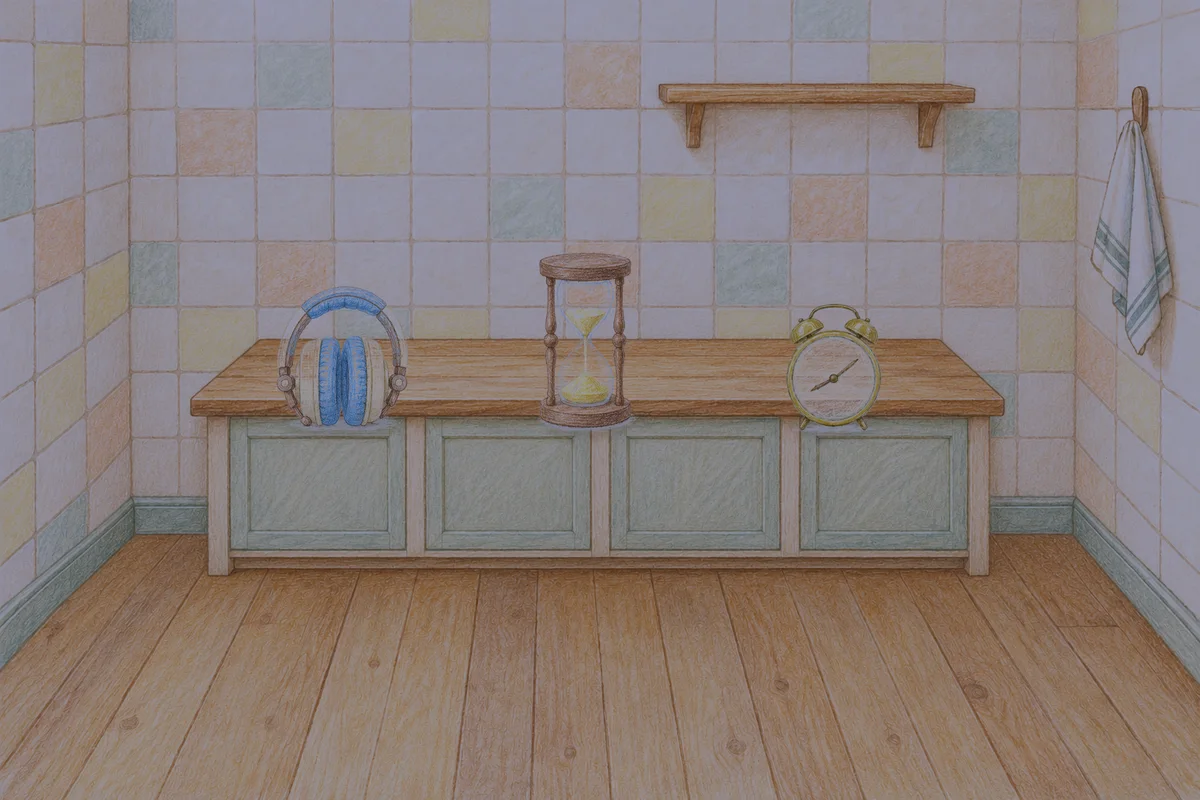 잠원동 여성전용 프리미엄 스웨디시 안내 그림, 밤의 부엌 나무 조리대 위에 놓인 헤드폰, 모래시계, 둥근 알람시계