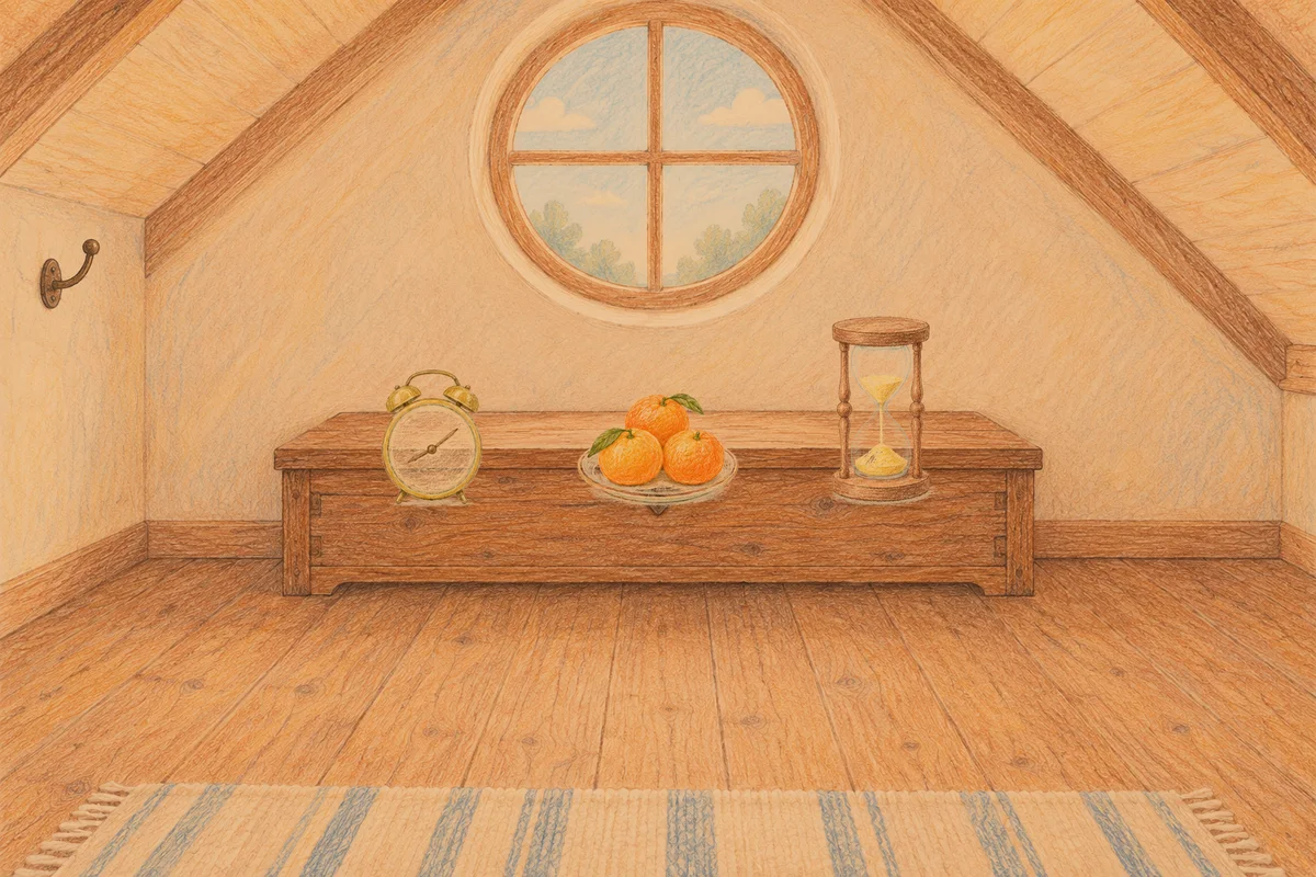 잠원동 여성전용 라벤더 아로마 안내 그림, 저녁의 다락방 나무 궤짝 위에 놓인 둥근 알람시계, 귤이 담긴 접시, 모래시계