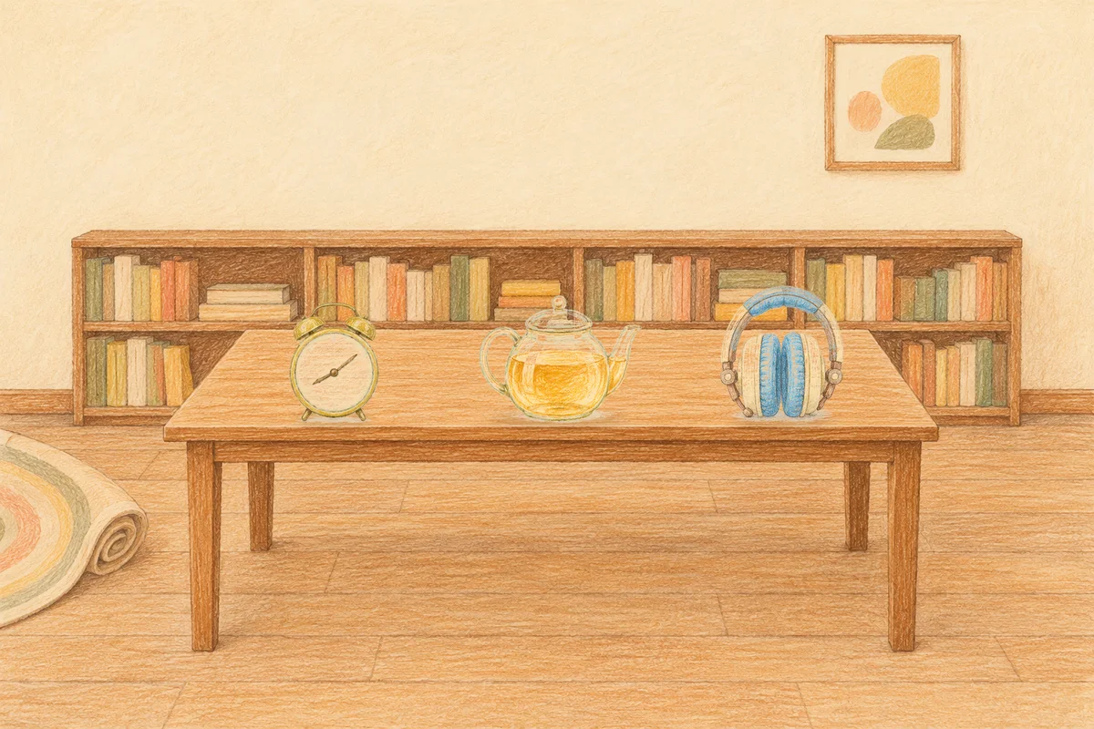 잠원동 여성전용 스웨디시 후기 안내 그림, 낮의 서재 긴 책상 위에 놓인 둥근 알람시계, 유리 티포트, 헤드폰