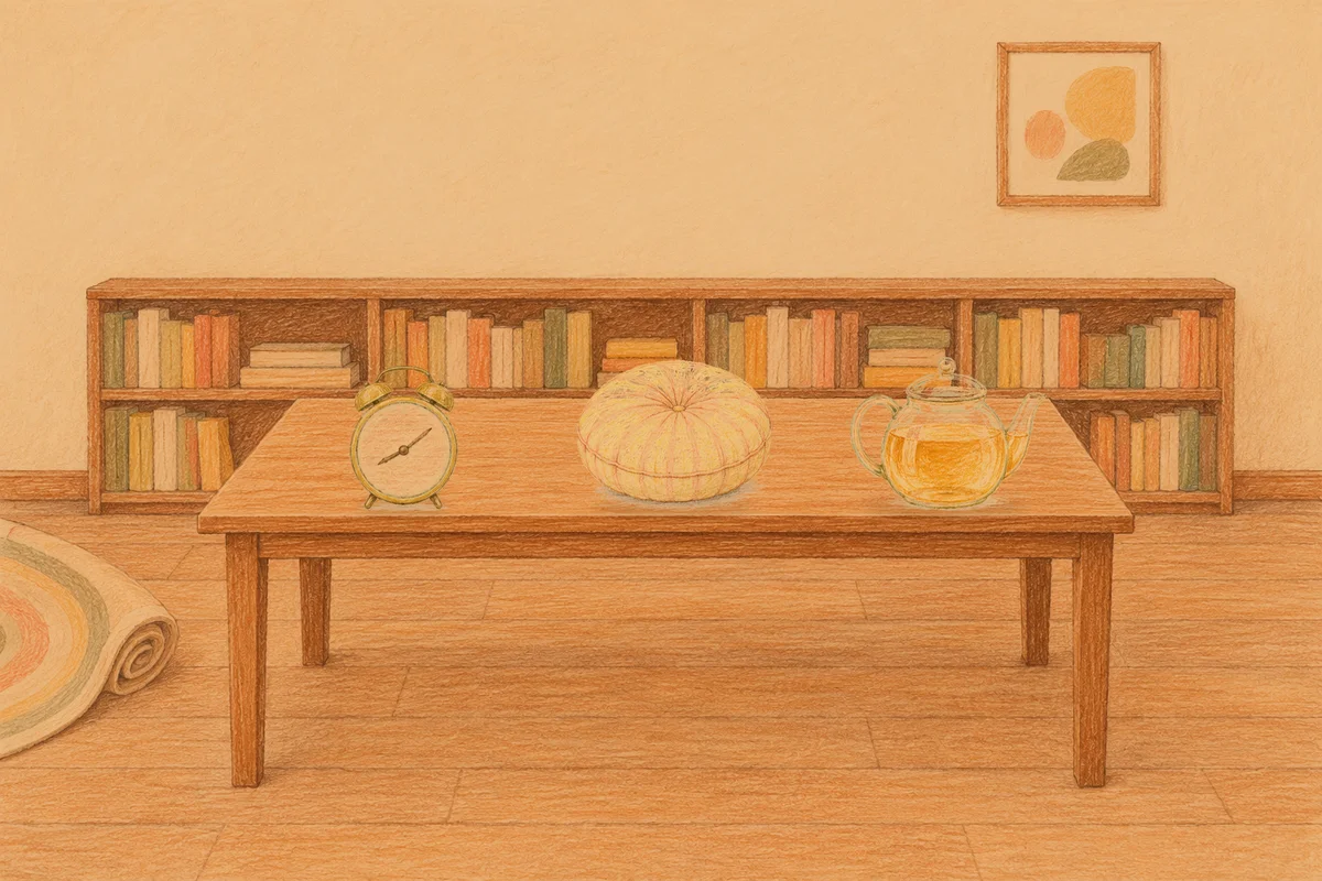 잠원동 여성전용 스웨디시 추천 안내 그림, 저녁의 서재 긴 책상 위에 놓인 둥근 알람시계, 둥근 쿠션, 유리 티포트