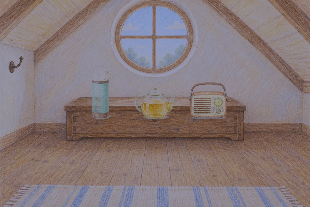 잠원동 여성전용 아로마 추천 안내 그림, 밤의 다락방 나무 궤짝 위에 놓인 보온병, 유리 티포트, 작은 라디오