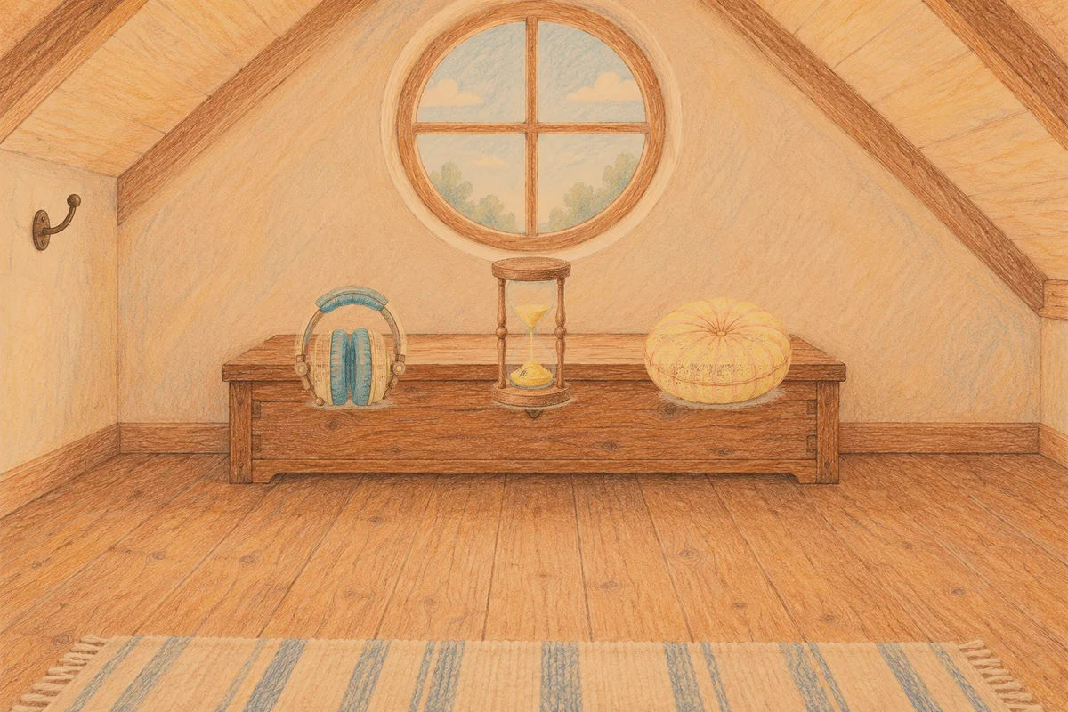 잠원동 여성전용 경락 마사지 안내 그림, 저녁의 다락방 나무 궤짝 위에 놓인 헤드폰, 모래시계, 둥근 쿠션